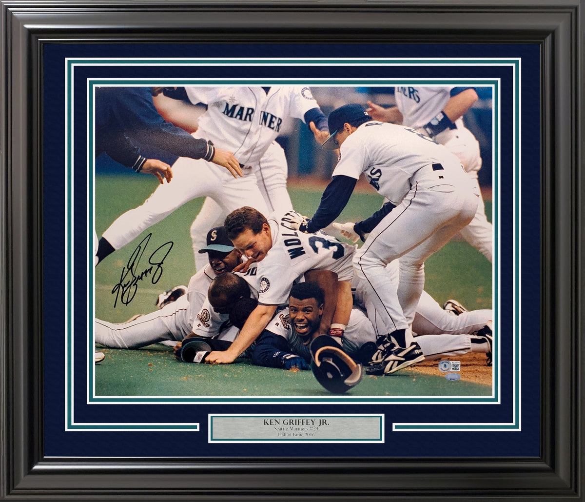 Ken Griffey Jr. Autographed Framed 16X20 Photo Seattle Mariners 1995 Dogpile Beckett Bas & Mcs Holo