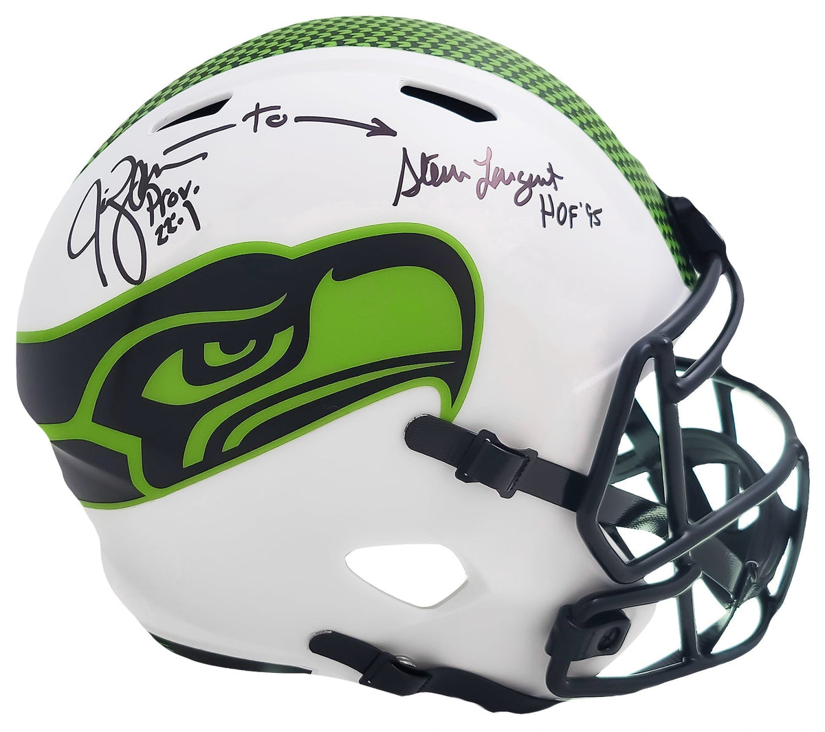 Steve Largent & Jim Zorn Autographed Seattle Seahawks Lunar Eclipse White Full Size Replica Speed Helmet Mcs Holo Stock #210447