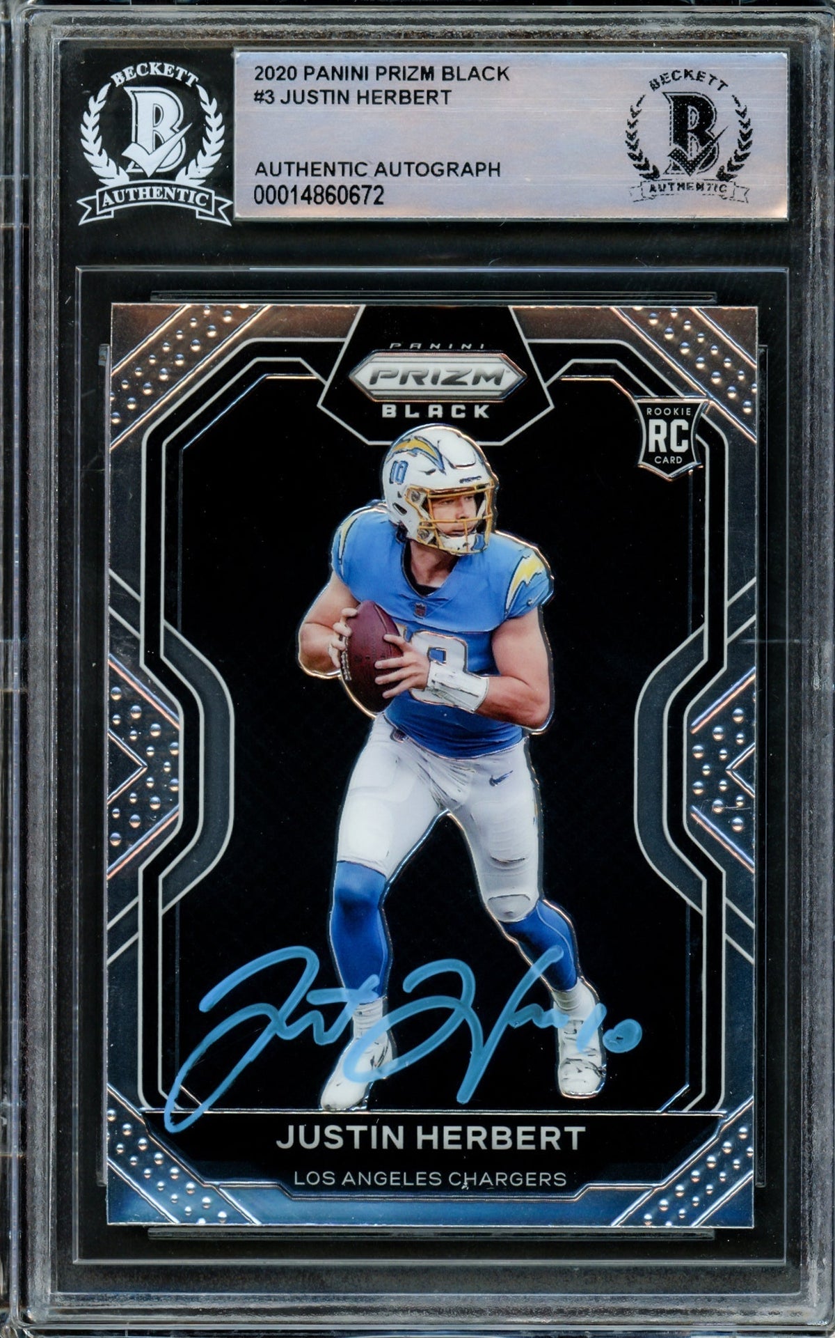 Justin Herbert Autographed 2020 Panini Prizm Black Rookie Card #Pb-3 Los Angeles Chargers Beckett Bas #14860672