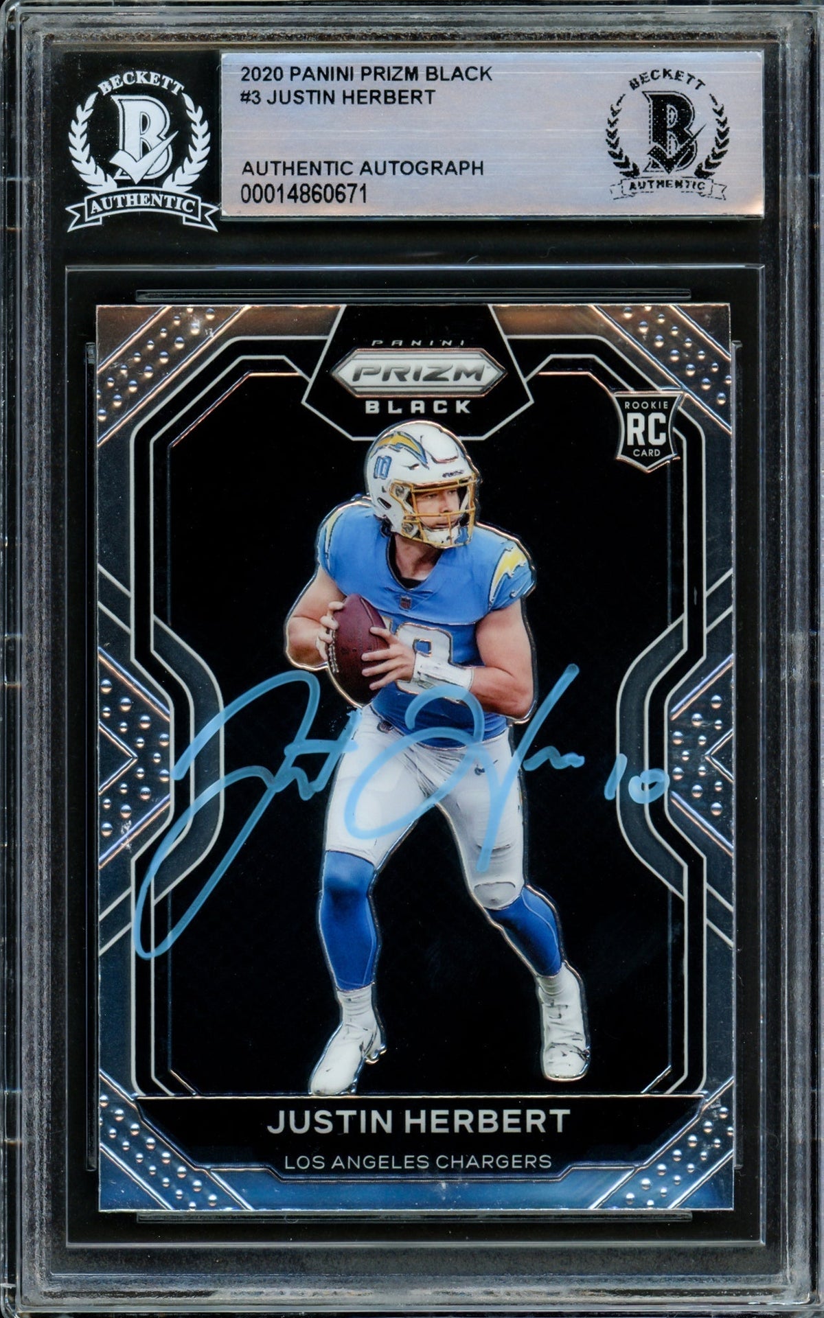 Justin Herbert Autographed 2020 Panini Prizm Black Rookie Card #Pb-3 Los Angeles Chargers Beckett Bas #14860671