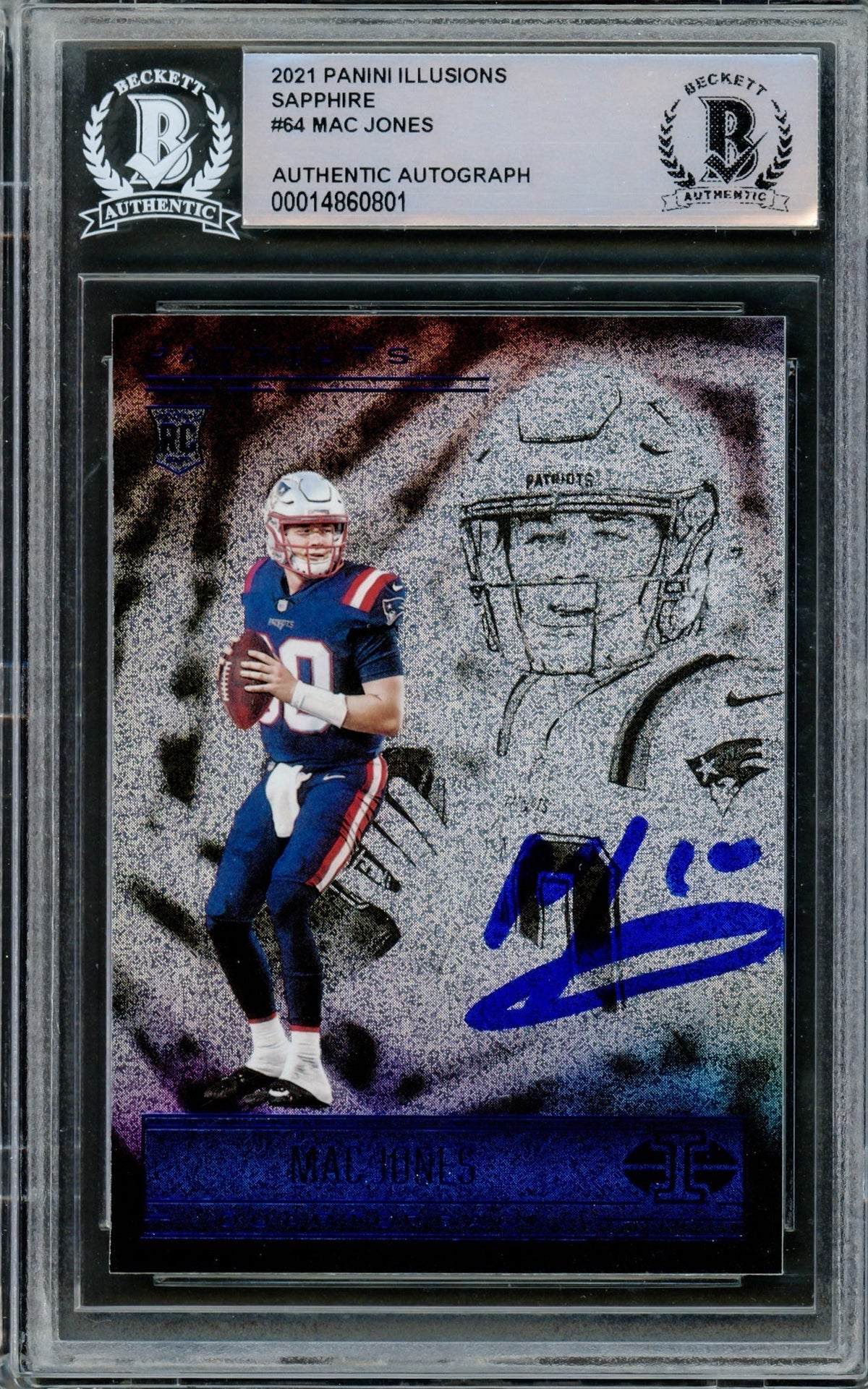 Mac Jones Autographed 2021 Panini Illusions Blue Sapphire Rookie Card #64 New England Patriots Beckett Bas #14860801