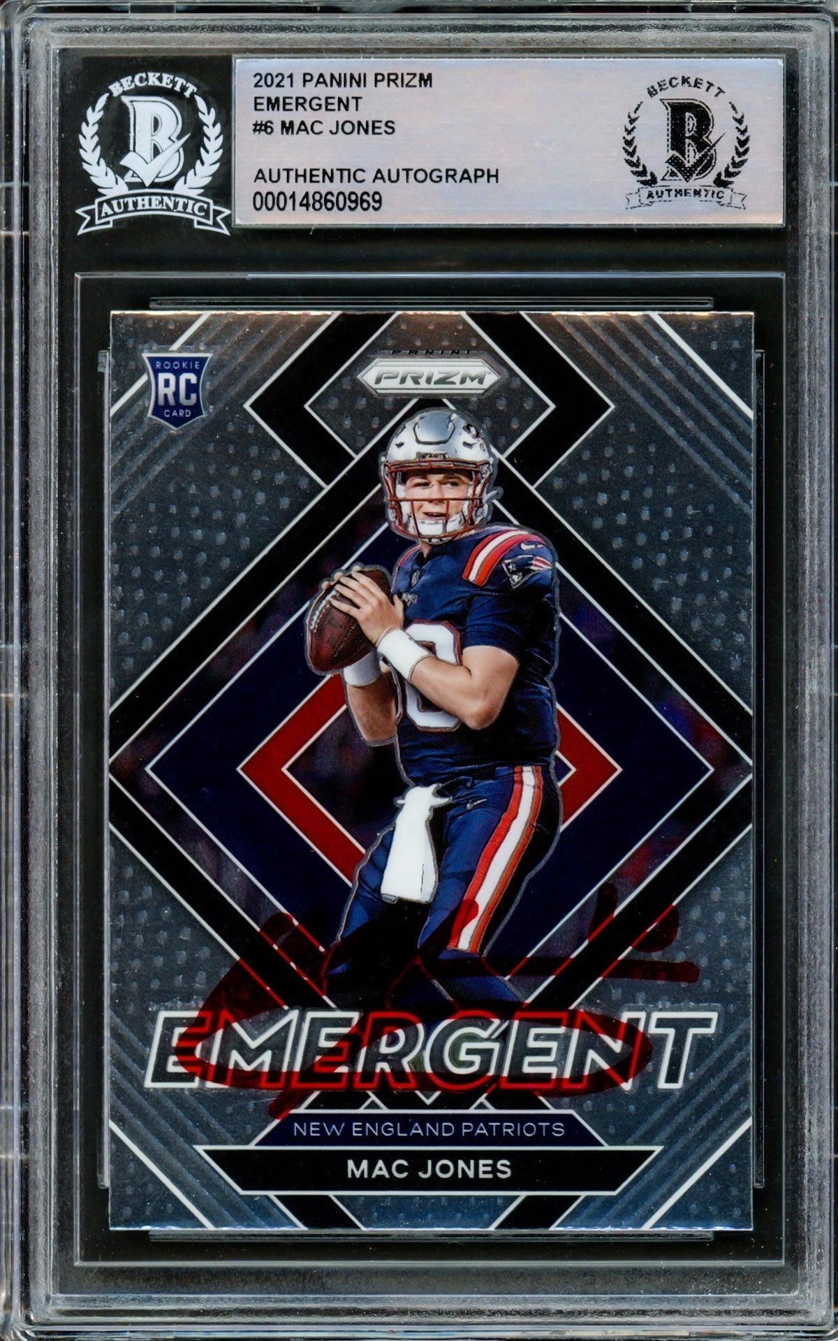 Mac Jones Autographed 2021 Panini Prizm Emergent Rookie Card #E-6 New England Patriots Beckett Bas #14860969