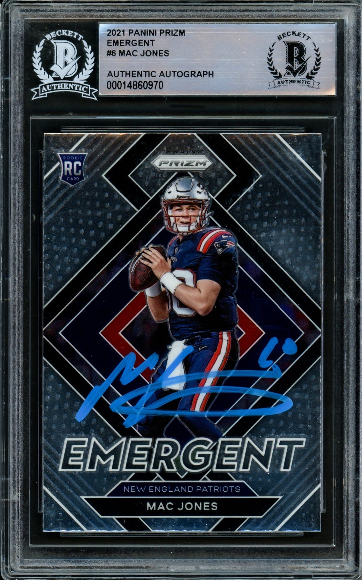 Mac Jones Autographed 2021 Panini Prizm Emergent Rookie Card #E-6 New England Patriots Beckett Bas #14860970