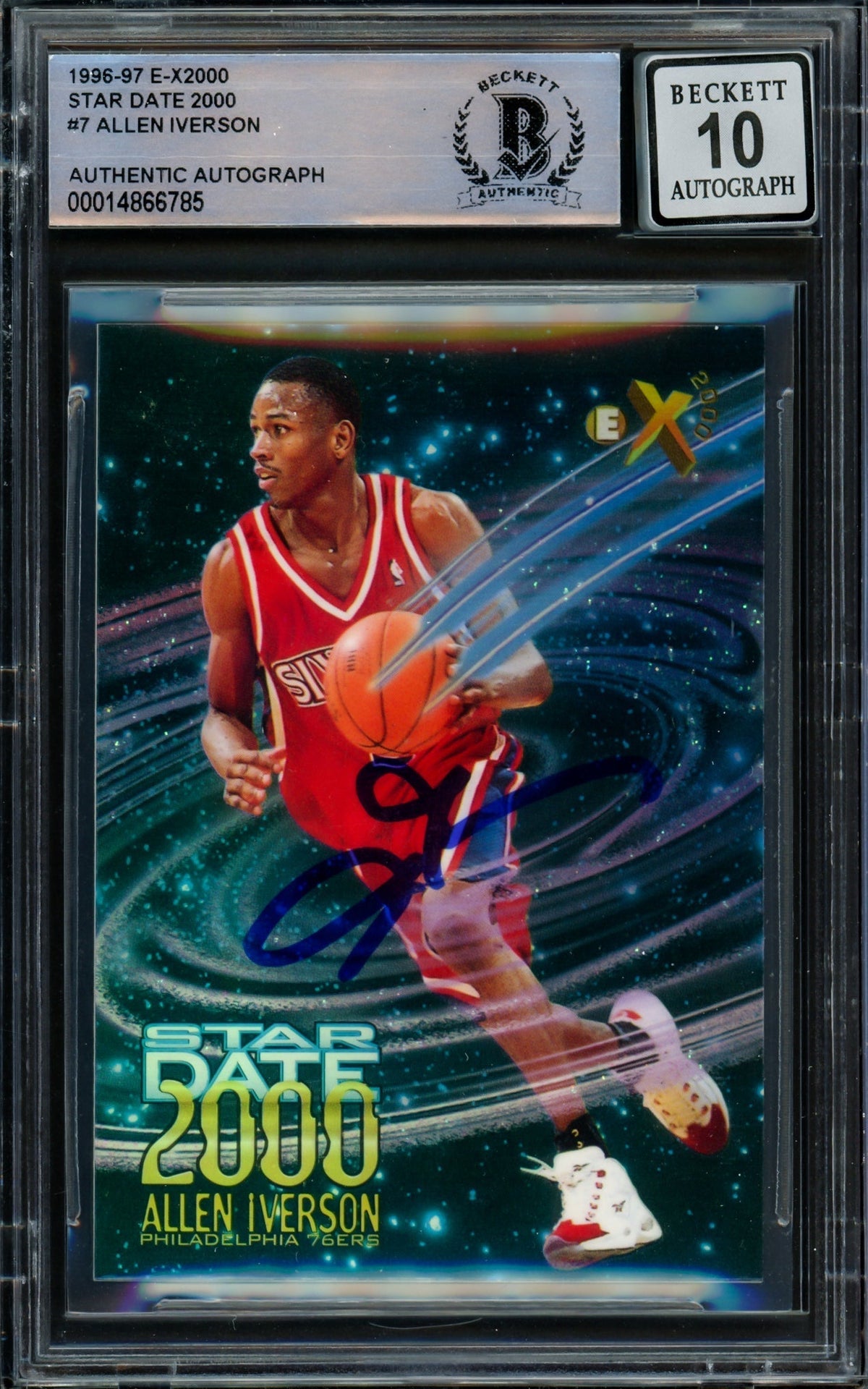 Allen Iverson Autographed 1996-97 E-X2000 Star Date Rookie Card #7 Philadelphia 76Ers Auto Grade Gem Mint 10 Beckett Bas #14866785