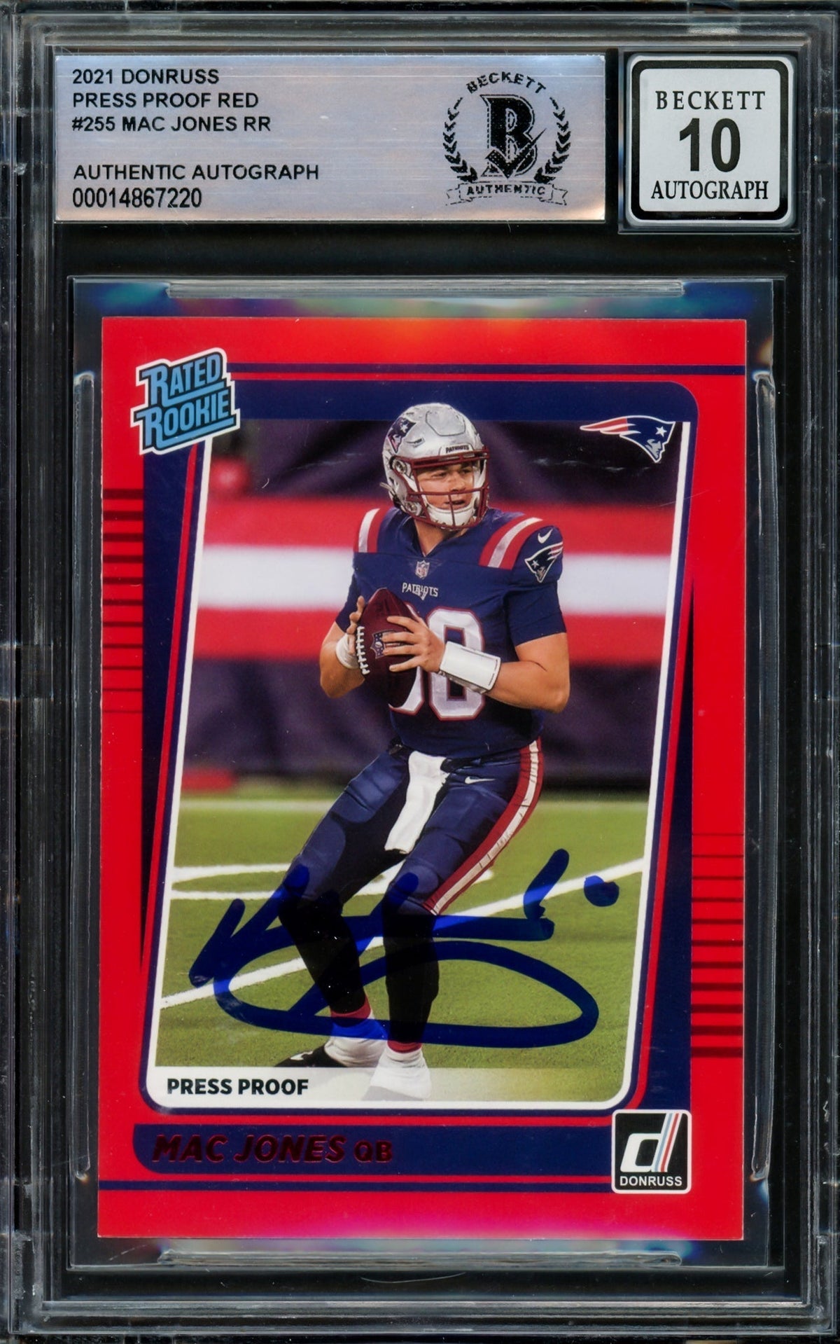 Mac Jones Autographed 2021 Donruss Rated Rookie Red Press Proof Rookie Card #255 New England Patriots Auto Grade Gem Mint 10 Beckett Bas #14867220