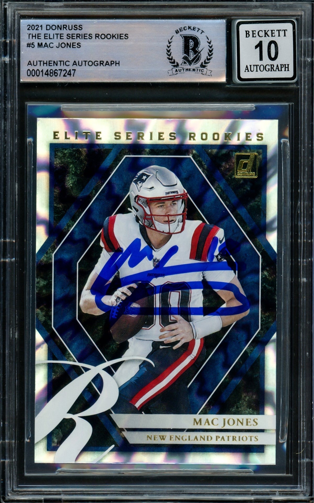 Mac Jones Autographed 2021 Donruss Elite Series Rookies Rookie Card #Esr-Mjo New England Patriots Auto Grade Gem Mint 10 Beckett Bas #14867247