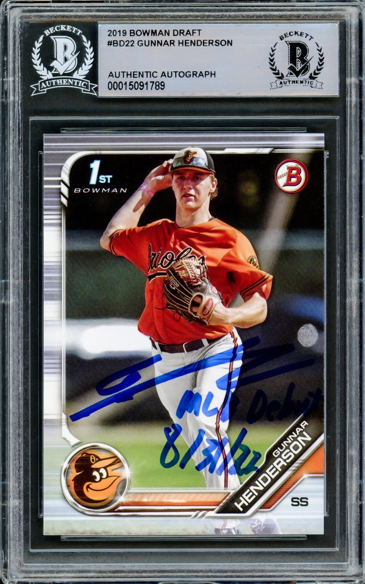 Gunnar Henderson Autographed 2019 Bowman Draft Rookie Card #Bd-22 Baltimore Orioles "MLB Debut 8/31/22" Beckett Bas Stock #210837