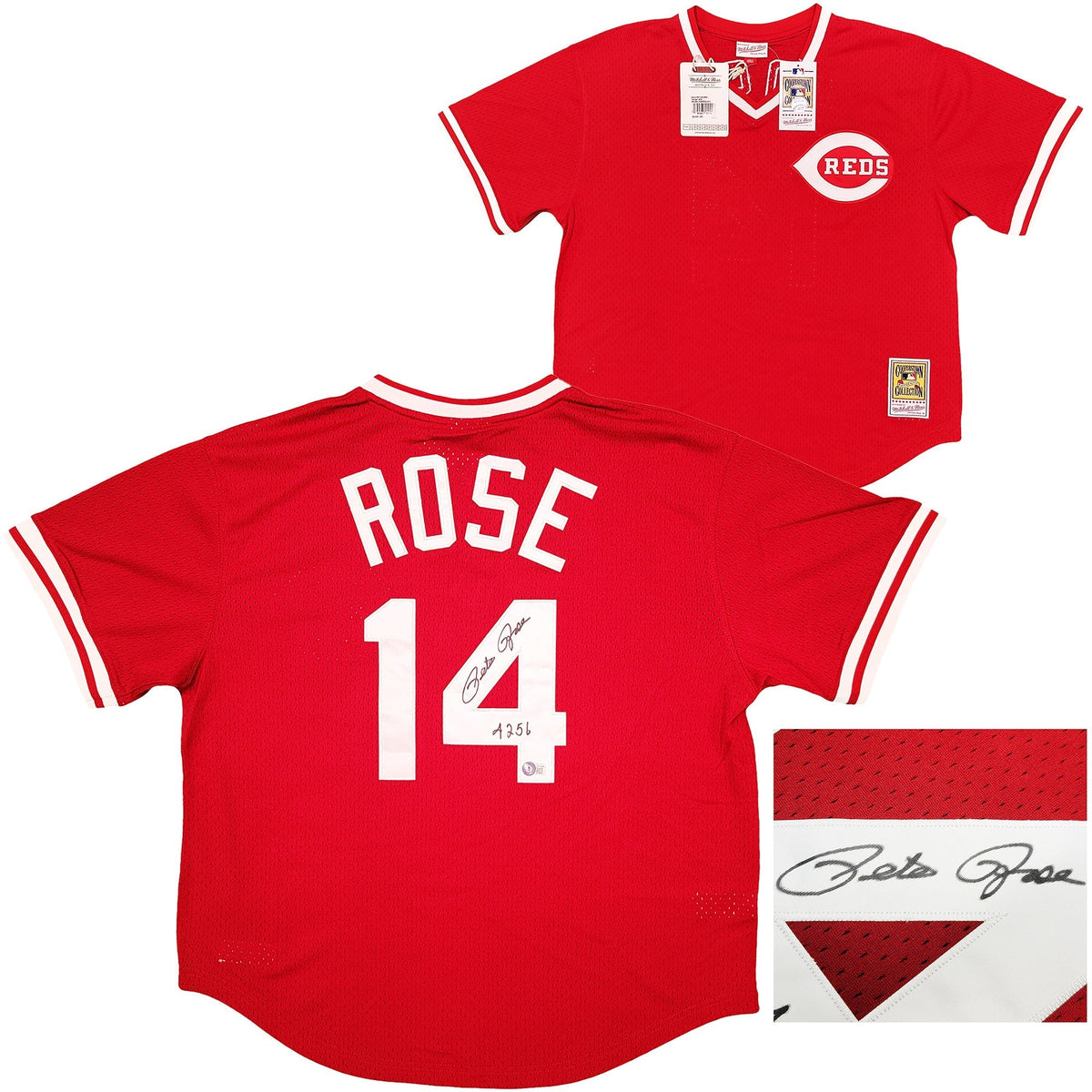 Cincinnati Reds Pete Rose Autographed Red Authentic Mitchell & Ness Cooperstown Authentic Collection Jersey Size Xl "4256" Beckett Bas Witness Stock #210824
