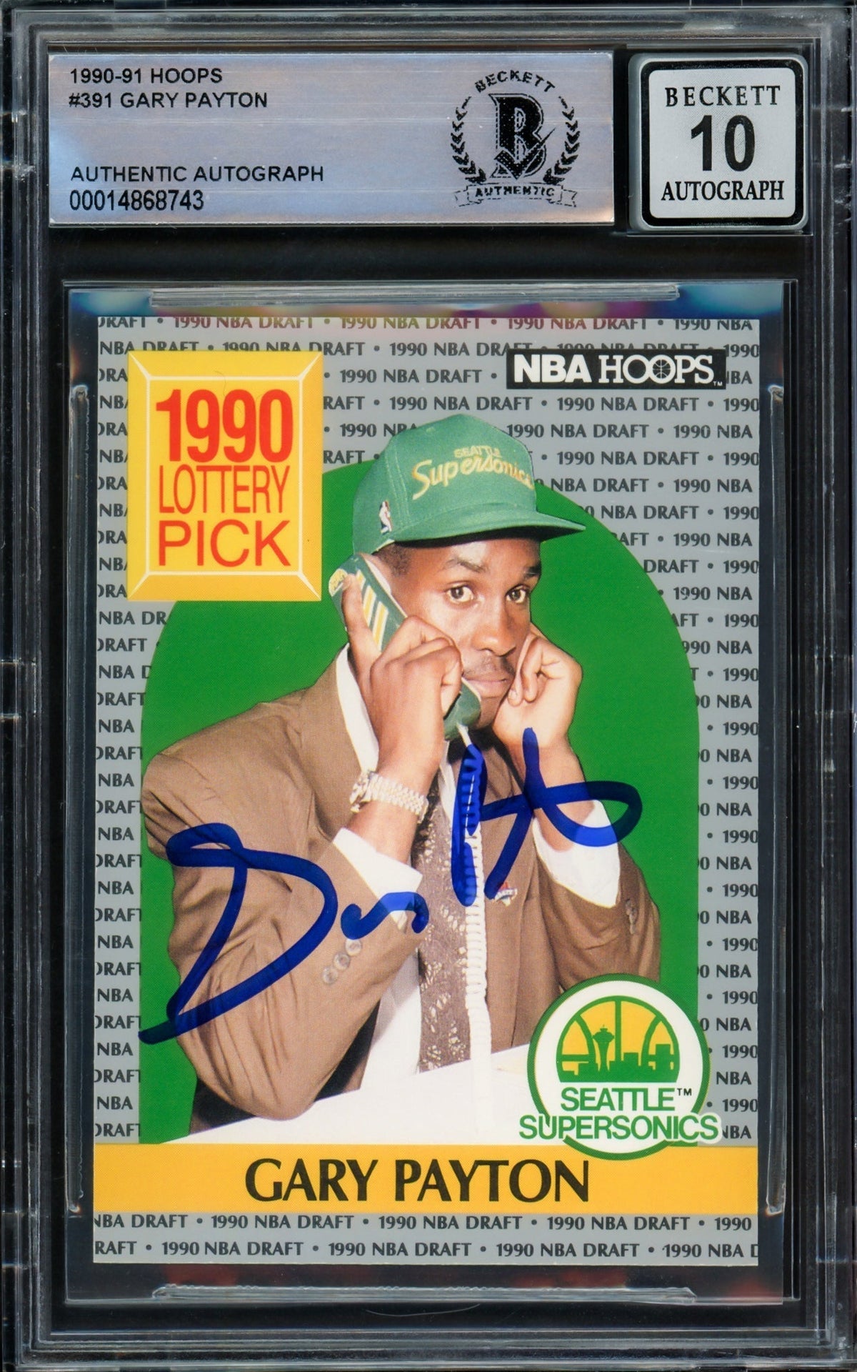Gary Payton Autographed 1990-91 Hoops Rookie Card #391 Seattle Supersonics Auto 10 Beckett Bas Stock #210482