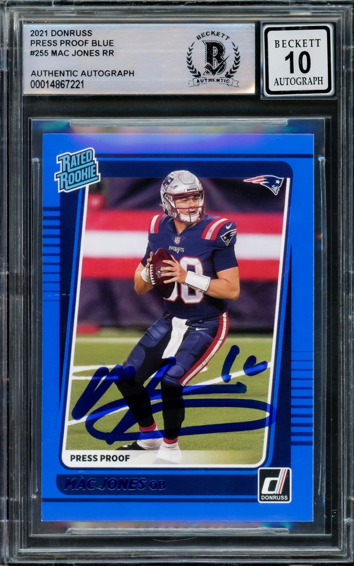 Mac Jones Autographed 2021 Donruss Rated Rookie Blue Press Proof Rookie Card #255 New England Patriots Auto 10 Beckett Bas Stock #210511