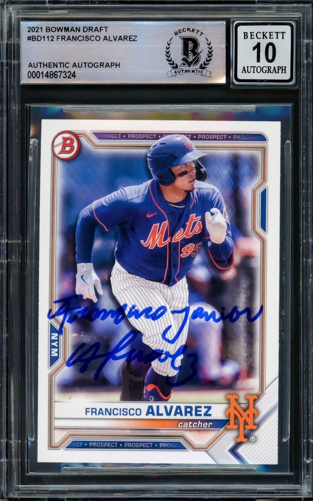 Francisco Alvarez Autographed 2021 Bowman Draft Rookie Card #Bd-112 New York Mets Auto 10 Full Name Beckett Bas Stock #210515