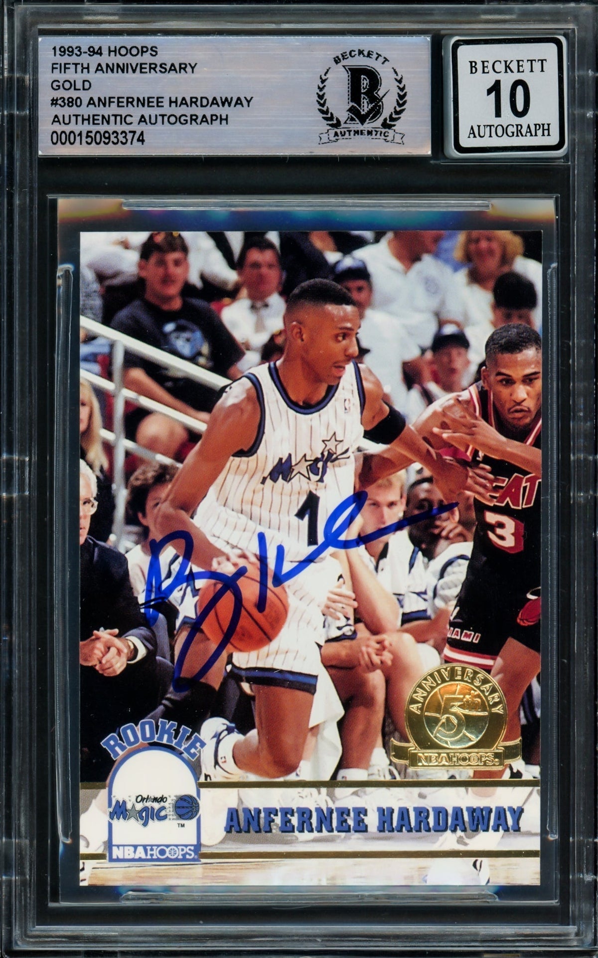 Anfernee Hardaway Autographed 1993-94 Hoops Gold Rookie Card #380 Orlando Magic Auto Grade Gem Mint 10 Beckett Bas #15093374