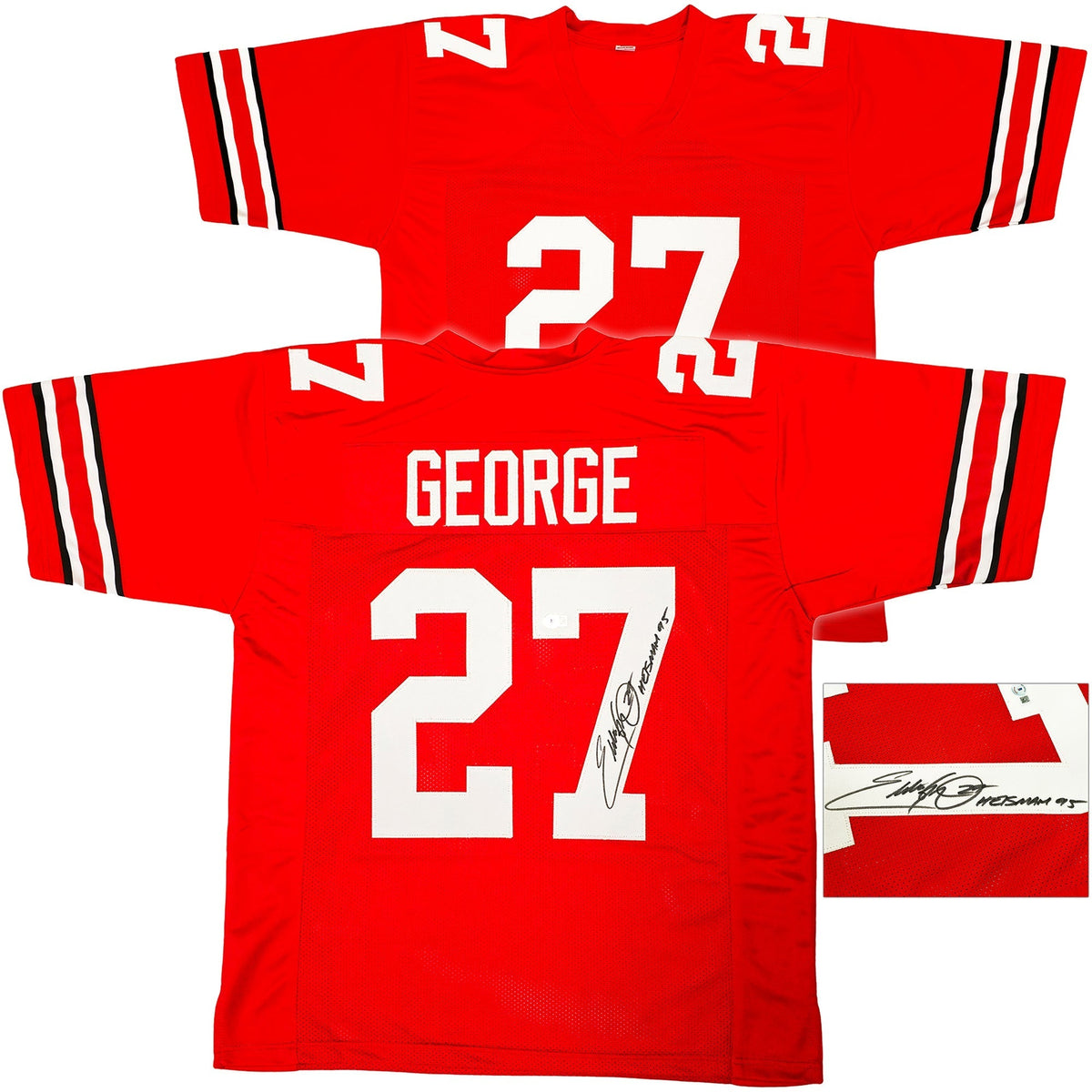 Ohio State Buckeyes Eddie George Autographed Red Jersey "Heisman 1995" Beckett Bas Witness