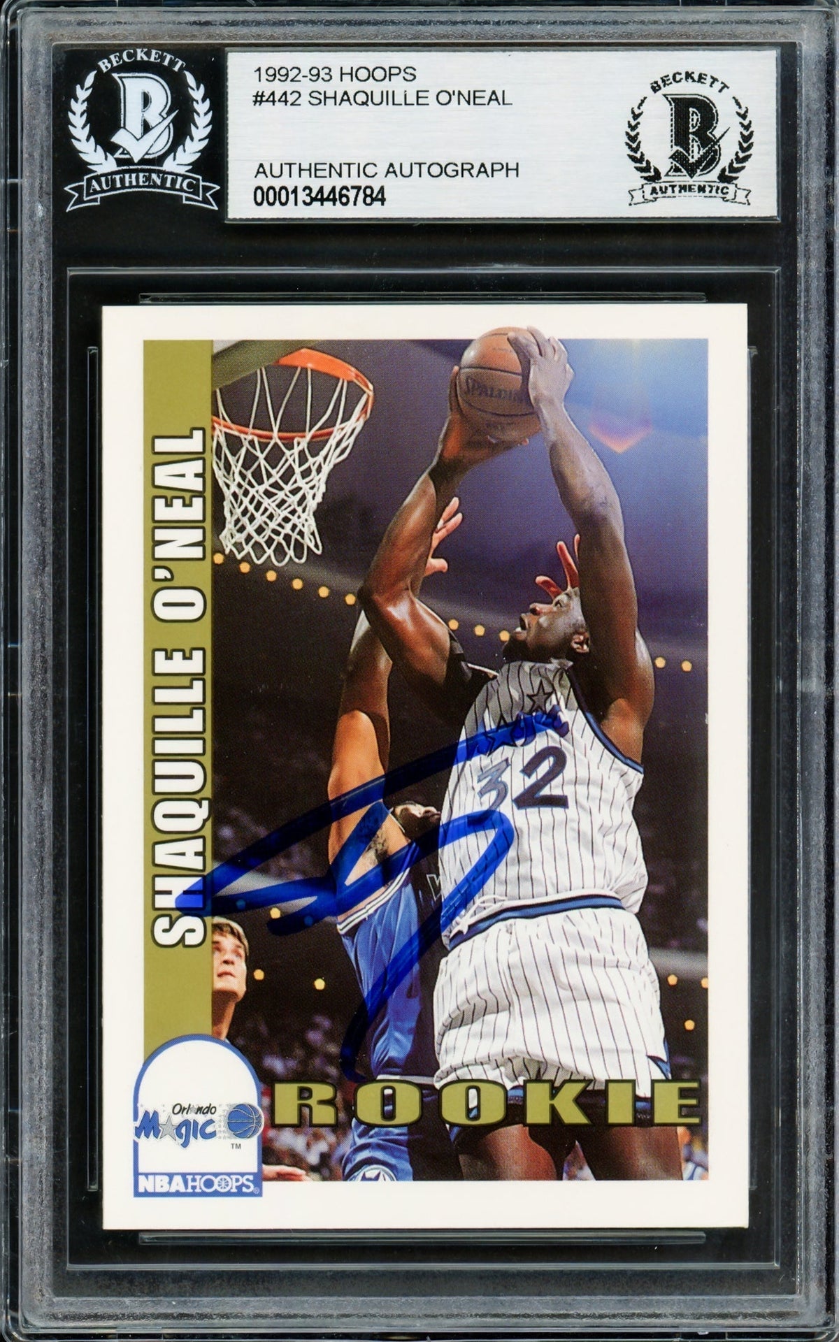 Shaquille Shaq O'neal Autographed 1992-93 Hoops Rookie Card #442 Orlando Magic Beckett Bas Stock #211213