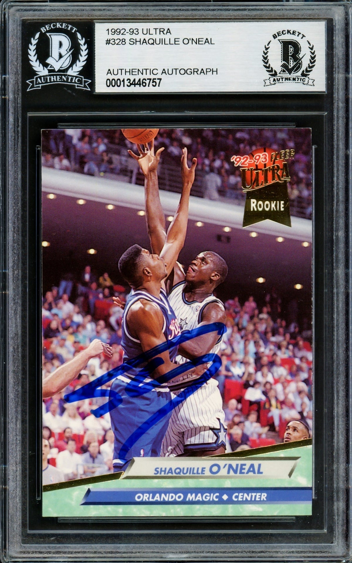 Shaquille Shaq O'neal Autographed 1992-93 Fleer Ultra Rookie Card #328 Orlando Magic Beckett Bas Stock #211217