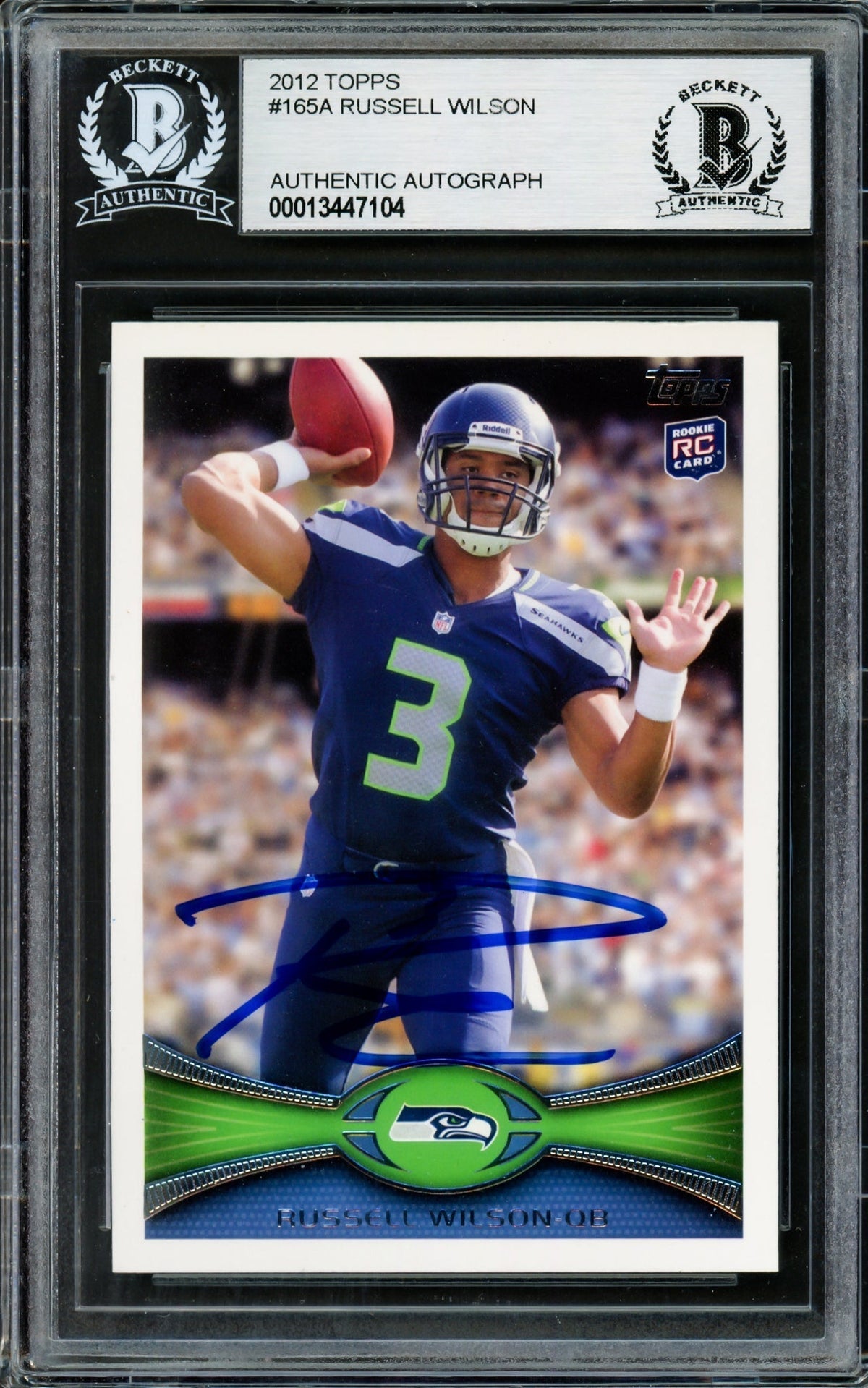 Russell Wilson Autographed 2012 Topps Rookie Card #165A Seattle Seahawks Beckett Bas Stock #211226