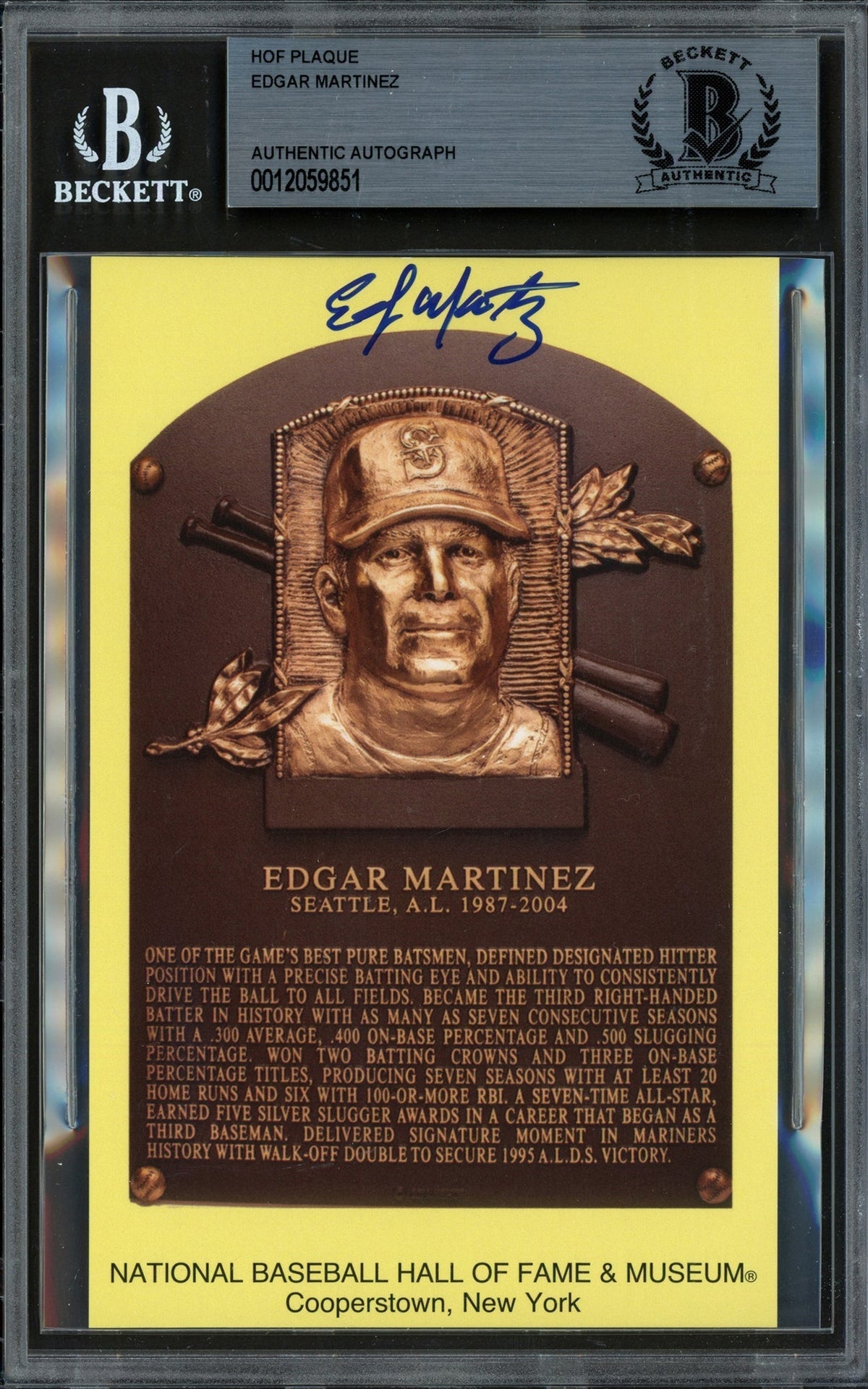 Edgar Martinez Autographed Hall Of Fame Hof Plaque Postcard Seattle Mariners Beckett Bas Stock #211251