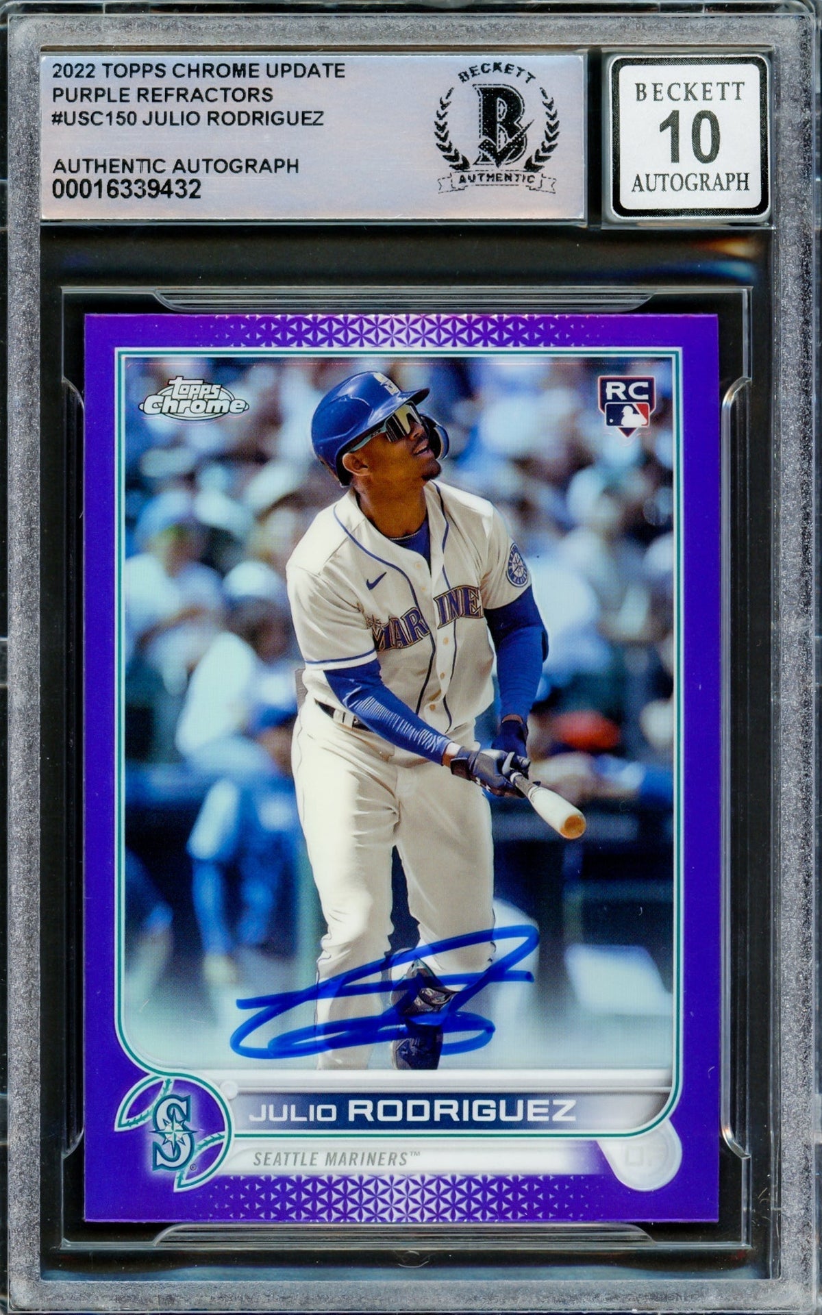 Julio Rodriguez Autographed 2022 Topps Chrome Update Purple Refractor Rookie Card #Usc150 Seattle Mariners Auto Grade Gem Mint 10 Beckett Bas #16339432