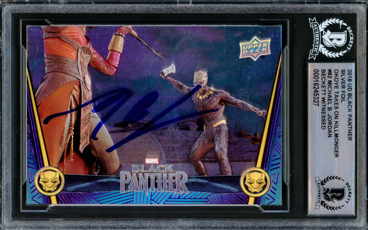 Michael B. Jordan Autographed 2018 Upper Deck Black Panther Silver Foil Card #82 Marvel Okoye Takes On Killmonger Beckett Bas #16245327