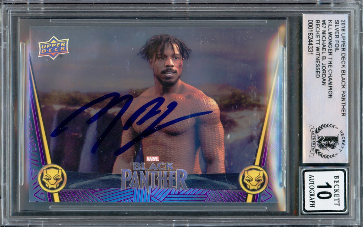 Michael B. Jordan Autographed 2018 Upper Deck Black Panther Silver Foil Card #67 Marvel Auto Grade Gem Mint 10 Okoye Takes On Killmonger Beckett Bas