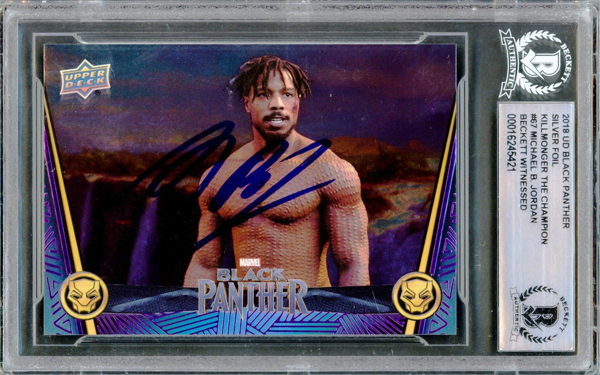 Michael B. Jordan Autographed 2018 Upper Deck Black Panther Silver Foil Card #67 Marvel Okoye Takes On Killmonger Beckett Bas