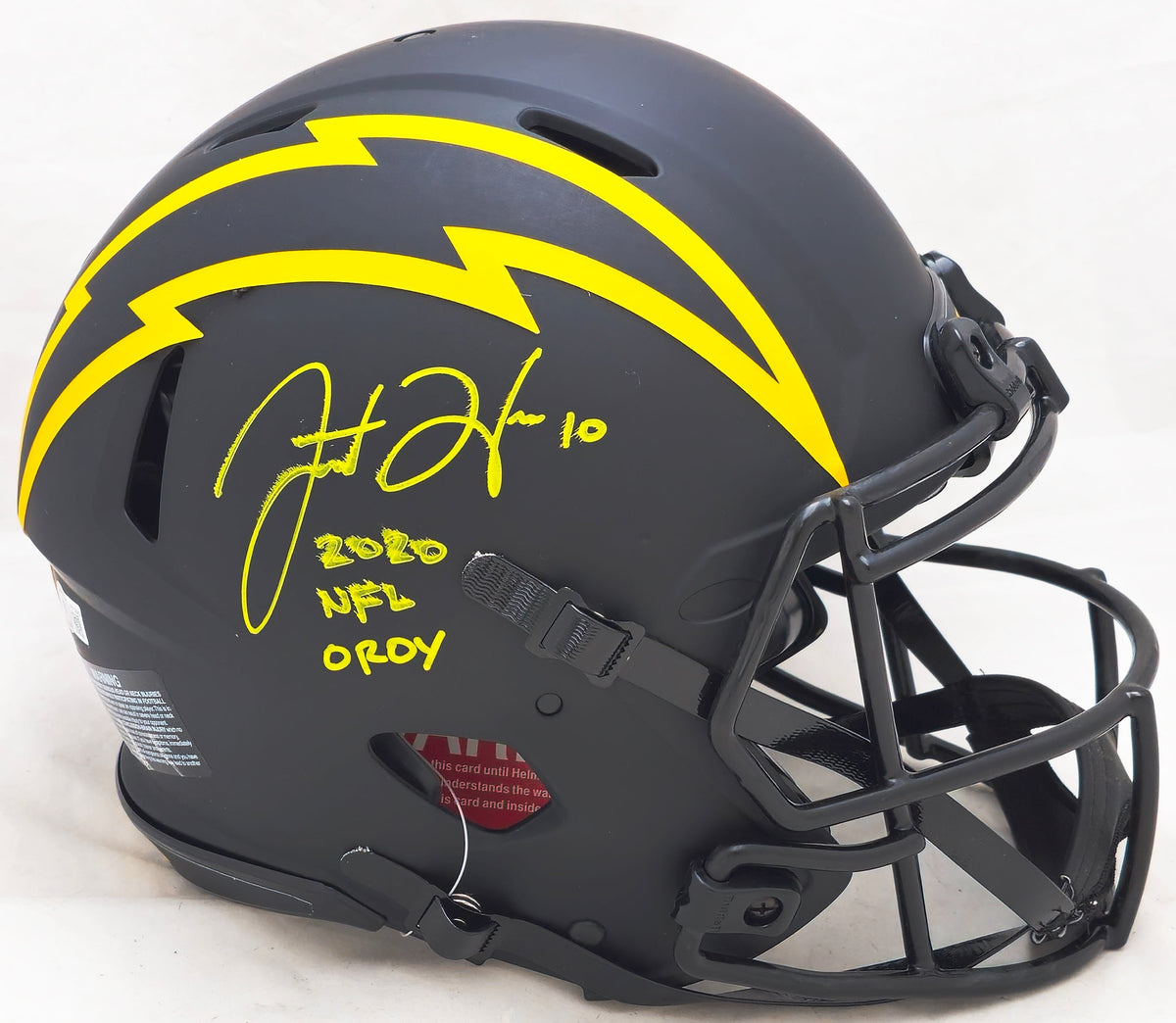 Justin Herbert Autographed Los Angeles Chargers Eclipse Black Full Size Authentic Speed Helmet "2020 NFL Oroy" (Smudged) Beckett Bas Witness #Wy19083