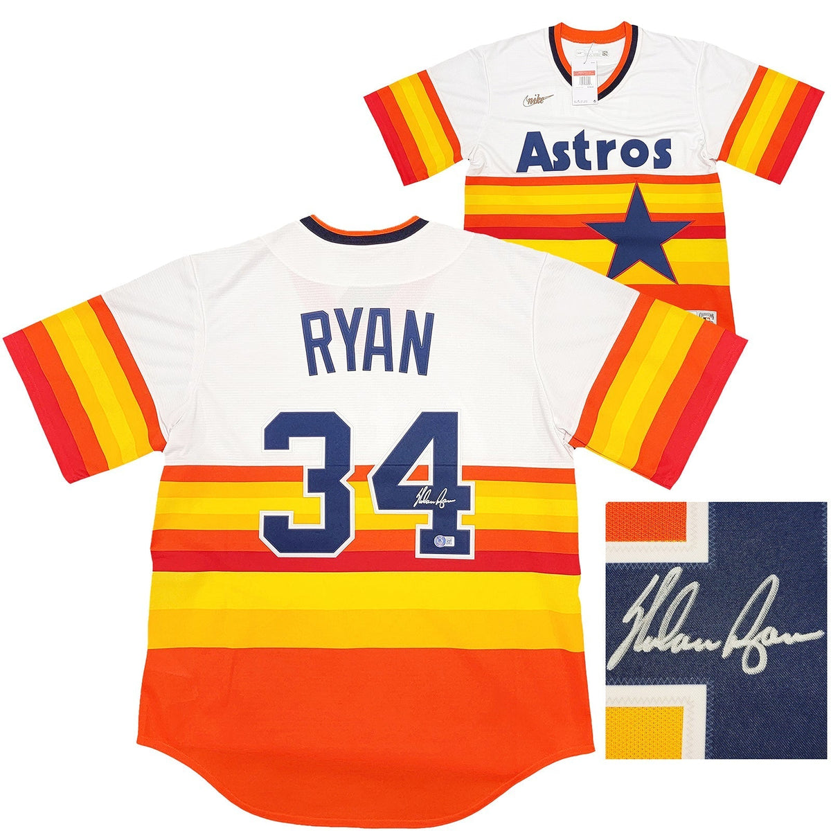 Houston Astros Nolan Ryan Autographed White & Orange/Yellow Stripes Nike Cooperstown Authentic Collection Jersey Size L Beckett Bas Qr Stock #211257