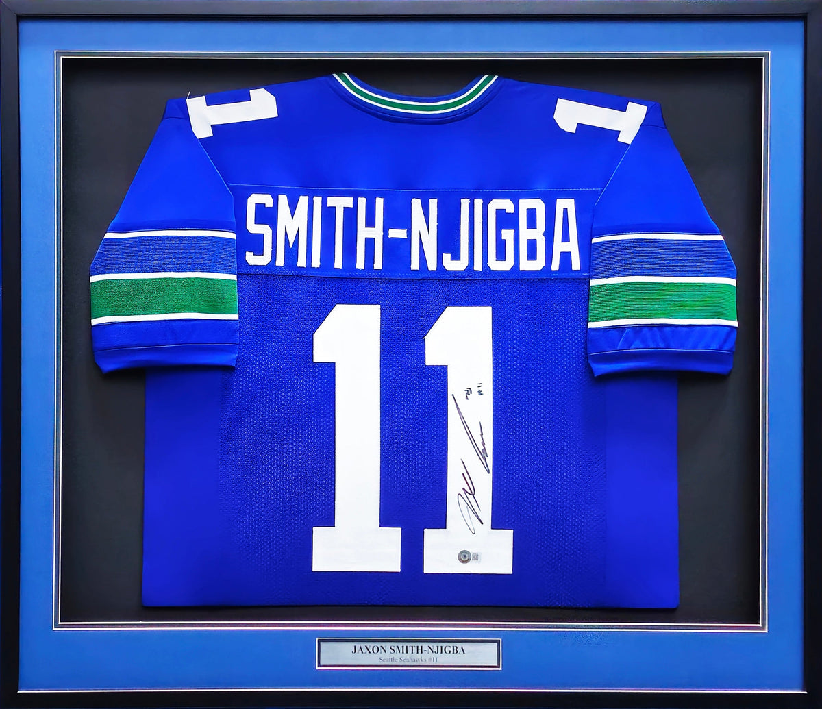 Seattle Seahawks Jaxon Smith-Njigba Autographed Framed Blue Throwback Jersey Mcs Holo