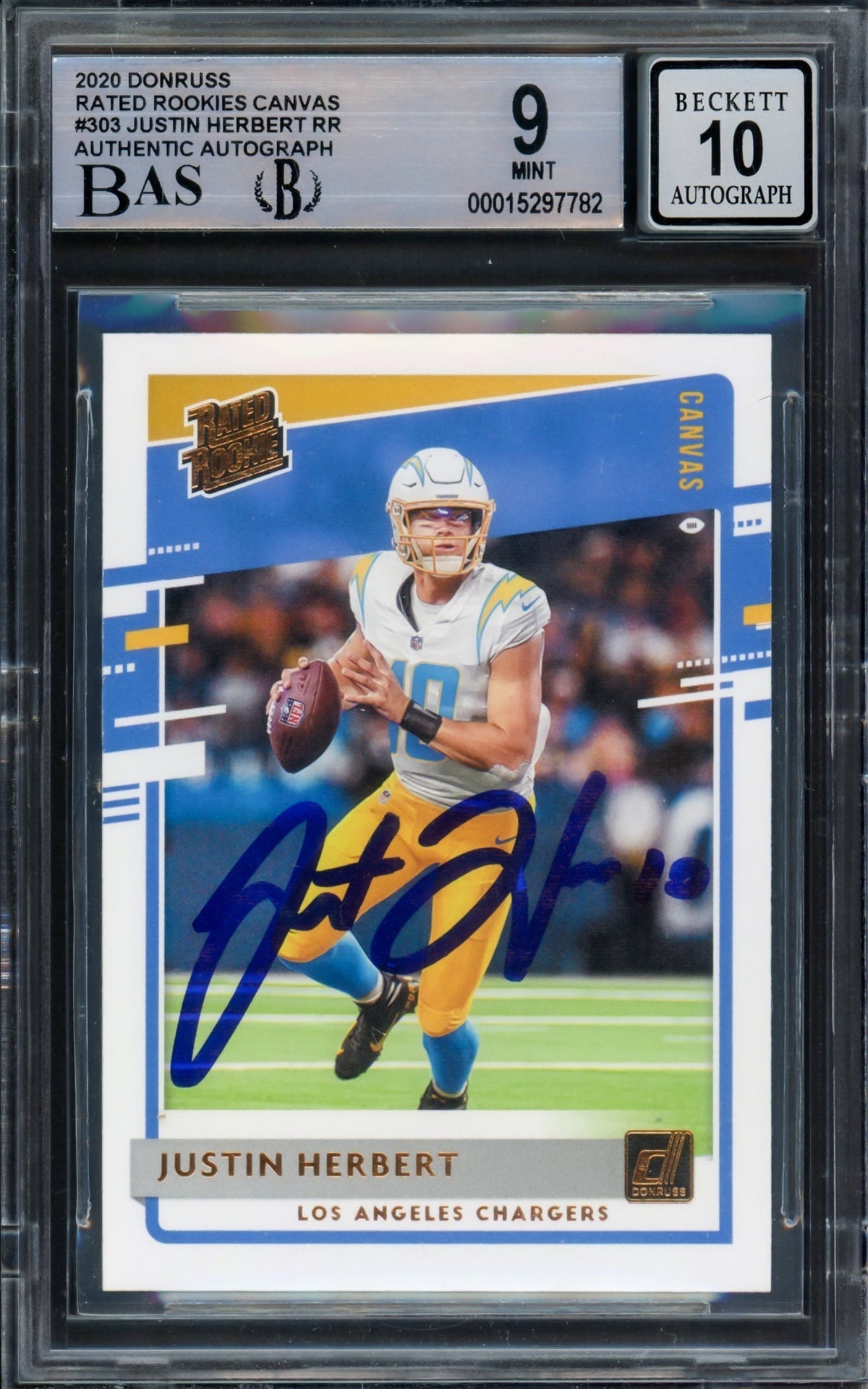 Justin Herbert Autographed 2020 Donruss Rated Rookie Canvas Rookie Card #303 Los Angeles Chargers BGS 9 Auto Grade Gem Mint 10 Beckett Bas #15297782