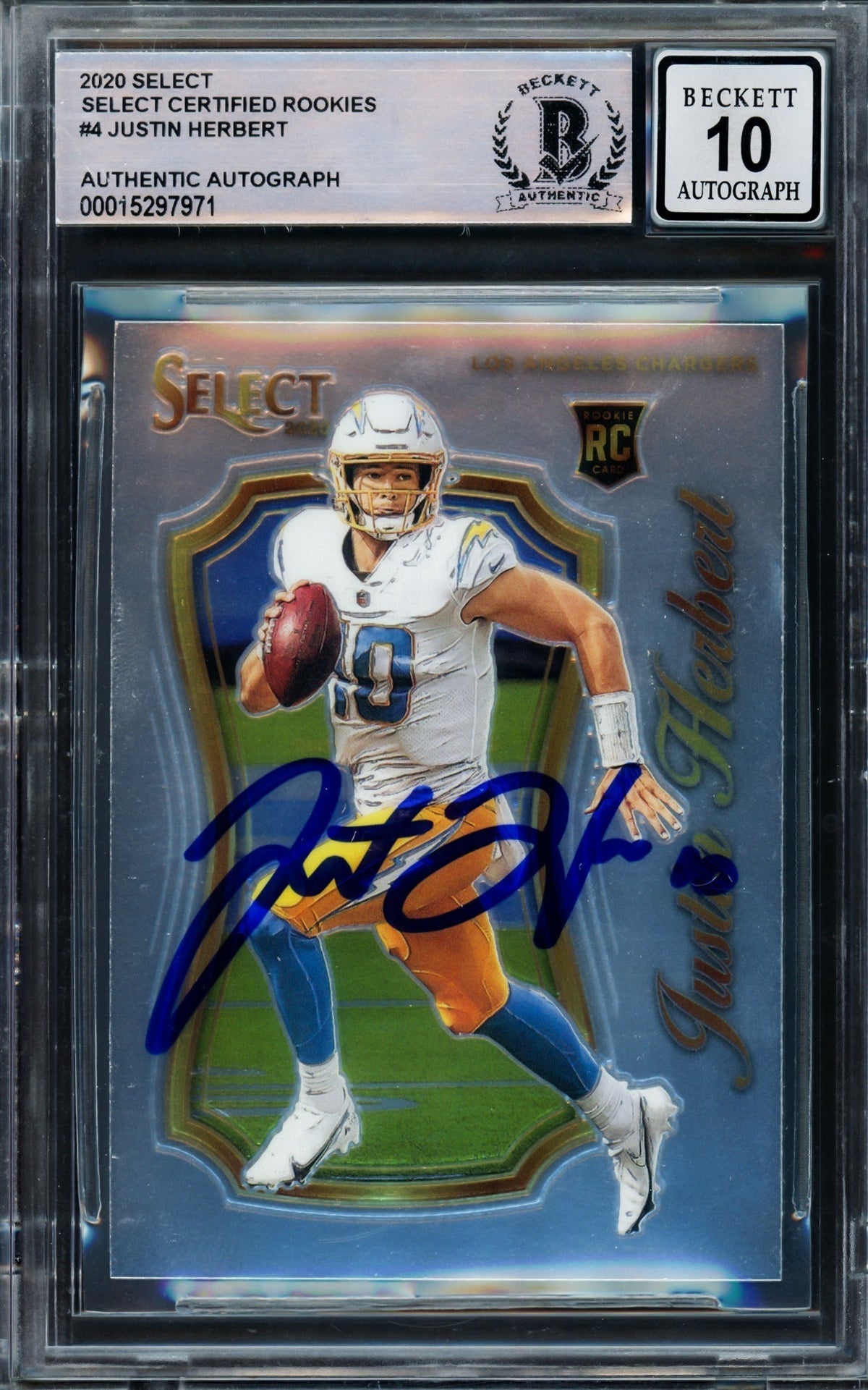 Justin Herbert Autographed 2020 Select Certified Rookie Card #4 Los Angeles Chargers Auto Grade Gem Mint 10 Beckett Bas #15297971
