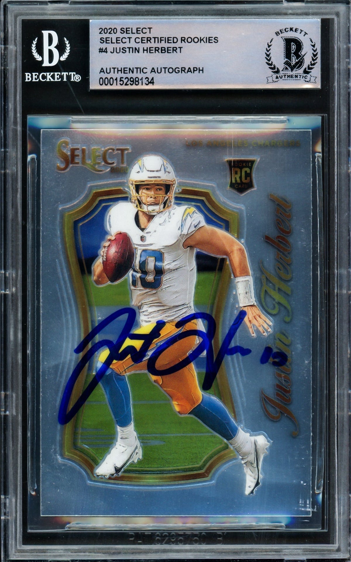 Justin Herbert Autographed 2020 Select Certified Rookie Card #4 Los Angeles Chargers Beckett Bas #15298134