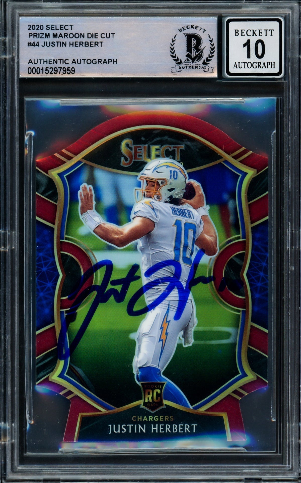 Justin Herbert Autographed 2020 Select Prizm Maroon Die Cut Rookie Card #44 Los Angeles Chargers Auto Grade Gem Mint 10 Beckett Bas #15297959