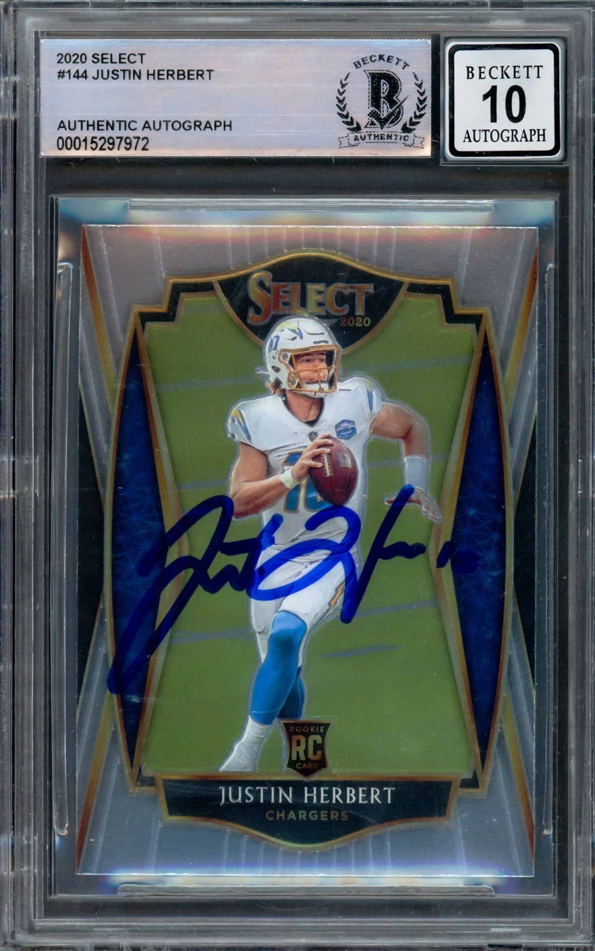 Justin Herbert Autographed 2020 Select Rookie Card #144 Los Angeles Chargers Auto Grade Gem Mint 10 Beckett Bas Stock #211835