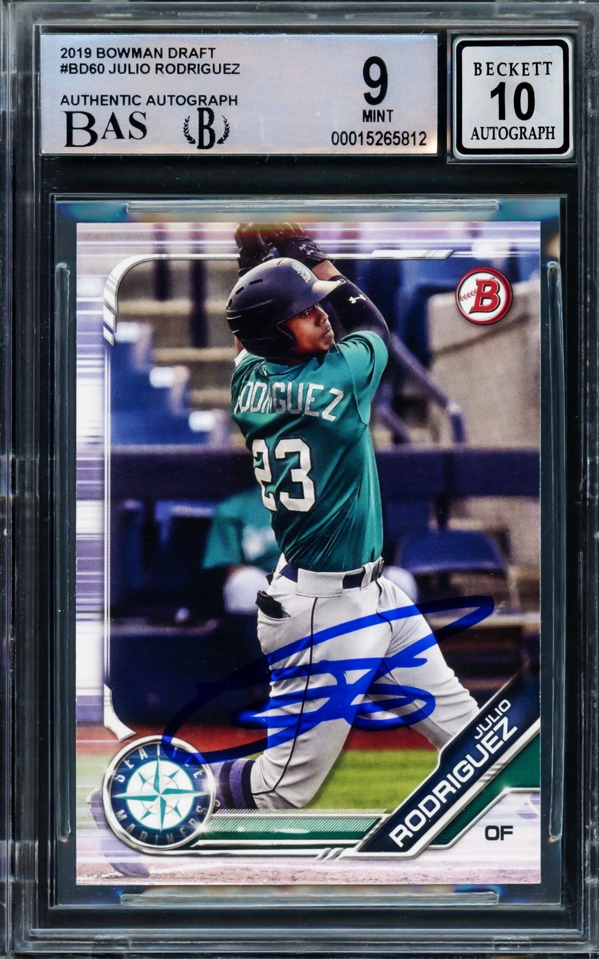 Julio Rodriguez Autographed 2019 Bowman Draft Rookie Card #Bd60 Seattle Mariners BGS 9 Auto Grade Gem Mint 10 Beckett Bas Stock #211845