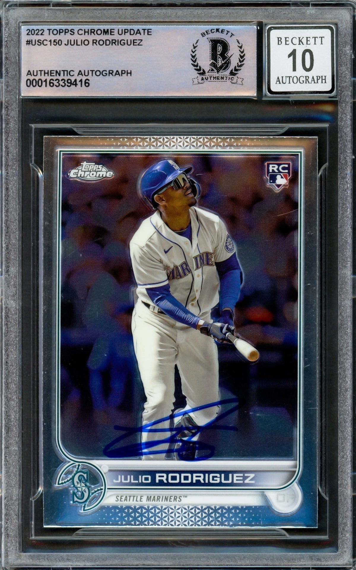 Julio Rodriguez Autographed 2022 Topps Chrome Update Rookie Card #Usc150 Seattle Mariners Auto Grade Gem Mint 10 Beckett Bas