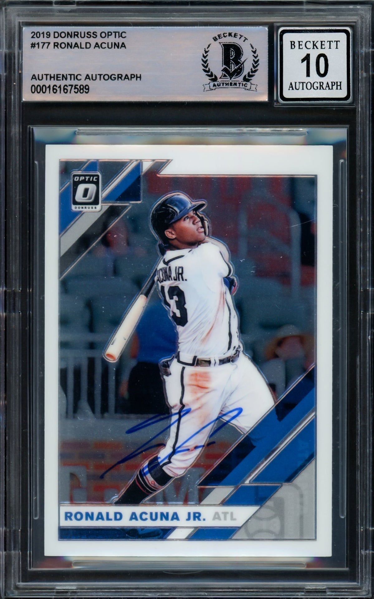 Ronald Acuna Jr. Autographed 2019 Donruss Optic Card #177 Atlanta Braves Auto Grade Gem Mint 10 Beckett Bas #16167589