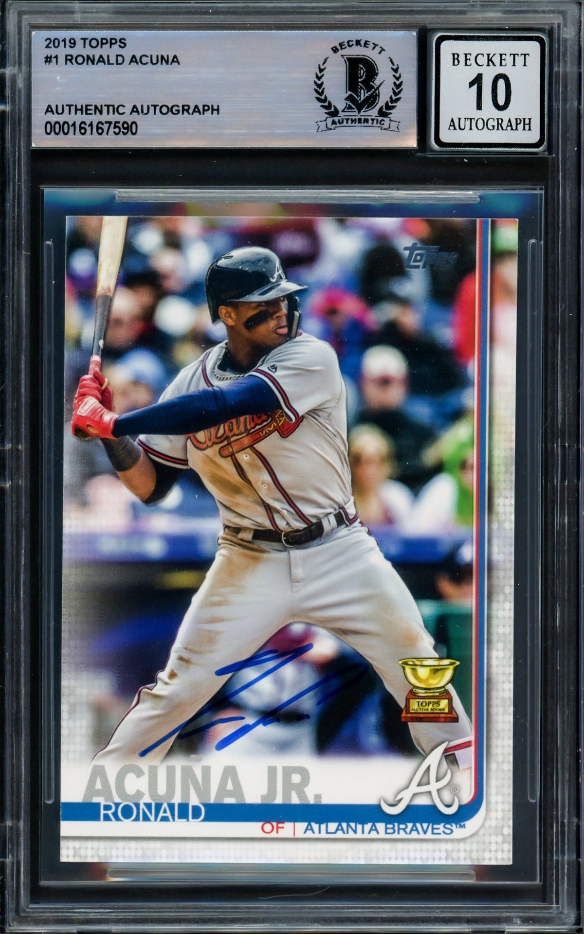 Ronald Acuna Jr. Autographed 2019 Topps Card #1 Atlanta Braves Auto Grade Gem Mint 10 Beckett Bas #16167590