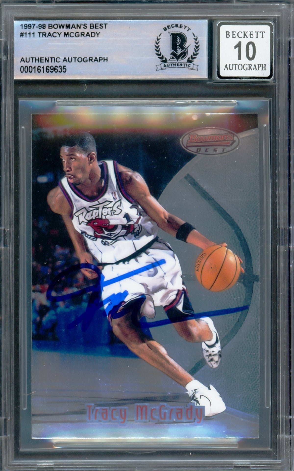 Tracy Mcgrady Autographed 1997-98 Bowman's Best Rookie Card #111 Toronto Raptors Auto Grade Gem Mint 10 Beckett Bas #16169635