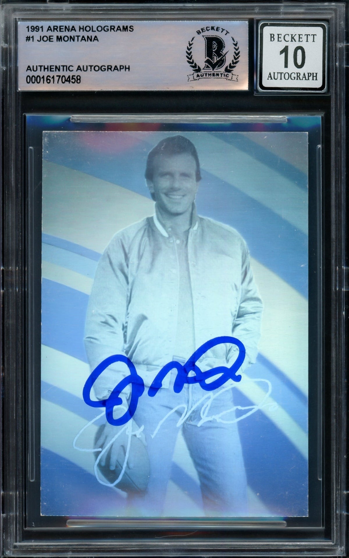 Joe Montana Autographed 1991 Arena Hologram Card #1 San Francisco 49Ers Auto Grade Gem Mint 10 Beckett Bas #16170458
