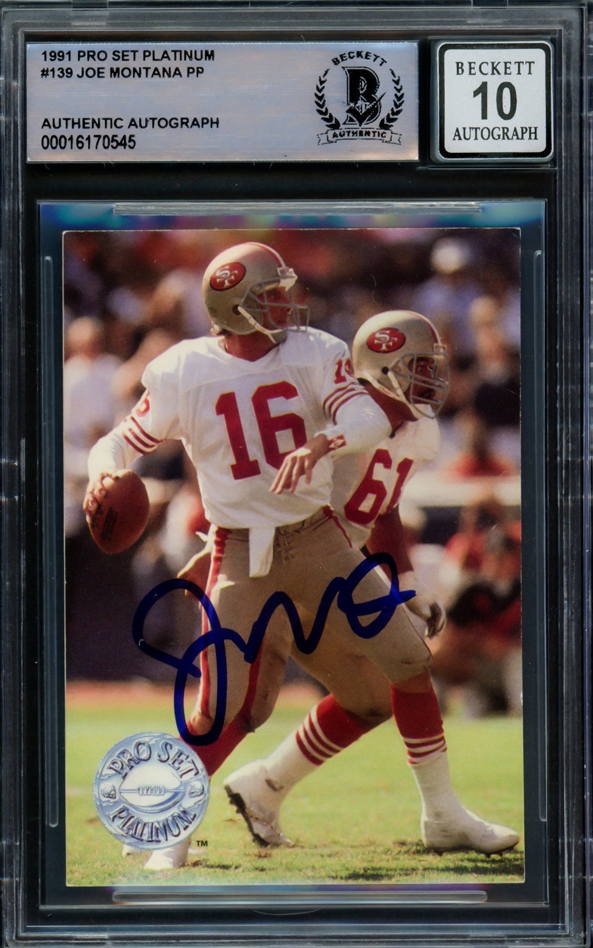 Joe Montana Autographed 1991 Pro Set Platinum Card #139 San Francisco 49Ers Auto Grade Gem Mint 10 Beckett Bas #16170545