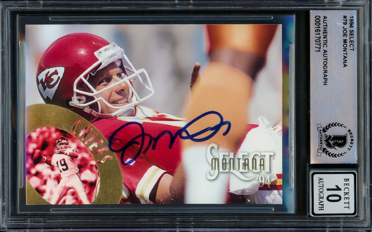 Joe Montana Autographed 1994 Select Card #79 Kansas City Chiefs Auto Grade Gem Mint 10 Beckett Bas #16170771