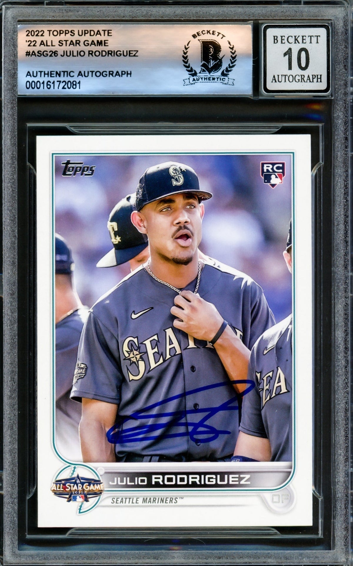 Julio Rodriguez Autographed 2022 Topps All Star Rookie Card #Asg-26 Seattle Mariners Auto Grade Gem Mint 10 Beckett Bas #16172081