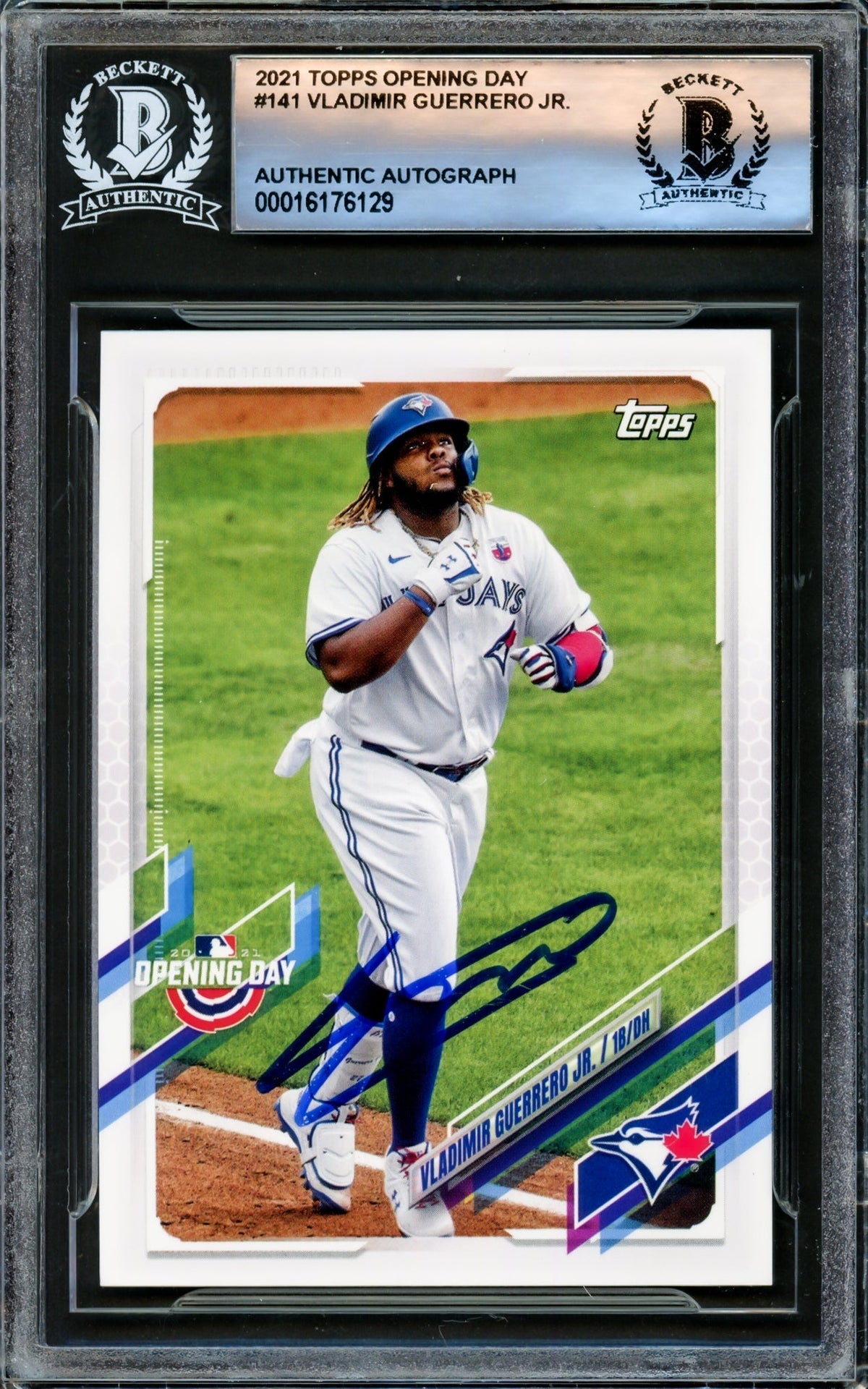 Vladimir Guerrero Jr. Autographed 2021 Topps Opening Day Card #141 Toronto Blue Jays Beckett Bas #16176129