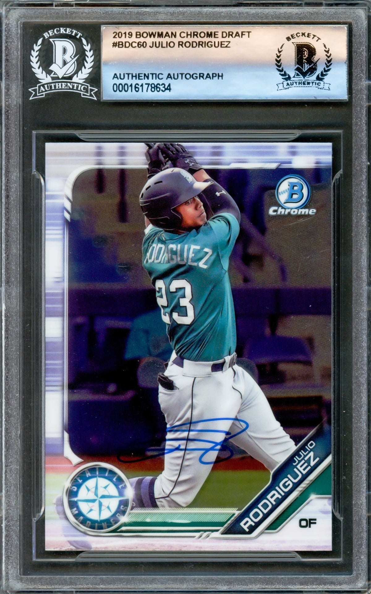 Julio Rodriguez Autographed 2019 Bowman Chrome Draft Rookie Card #Bdc60 Seattle Mariners Beckett Bas #16178634