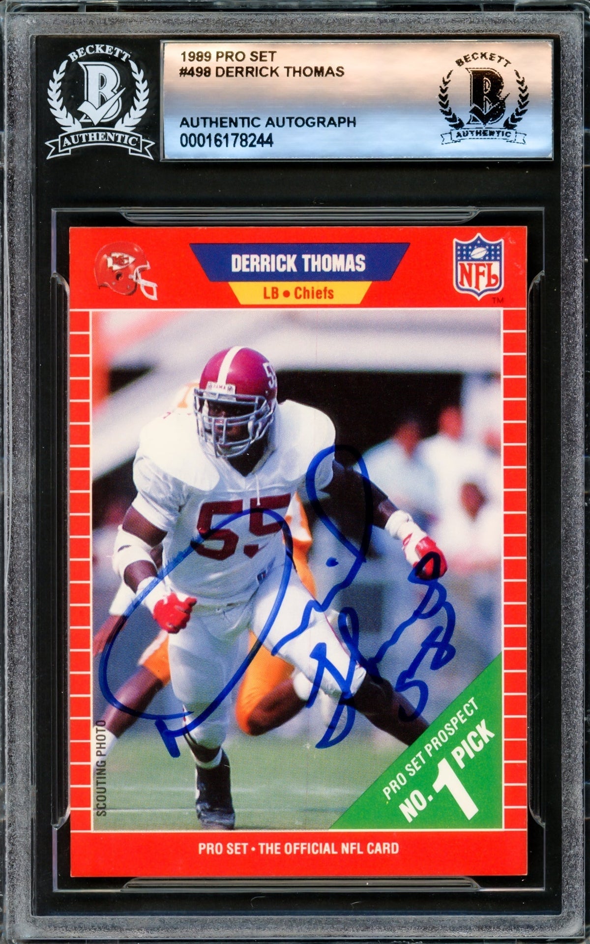 Derrick Thomas Autographed 1989 Pro Set Rookie Card #498 Kansas City Chiefs Beckett Bas #16178244