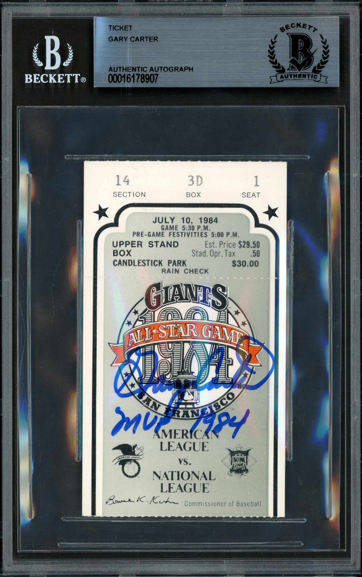 Gary Carter Autographed 1984 All Star Game Ticket Montreal Expos "Mvp 1984" Beckett Bas #16178907
