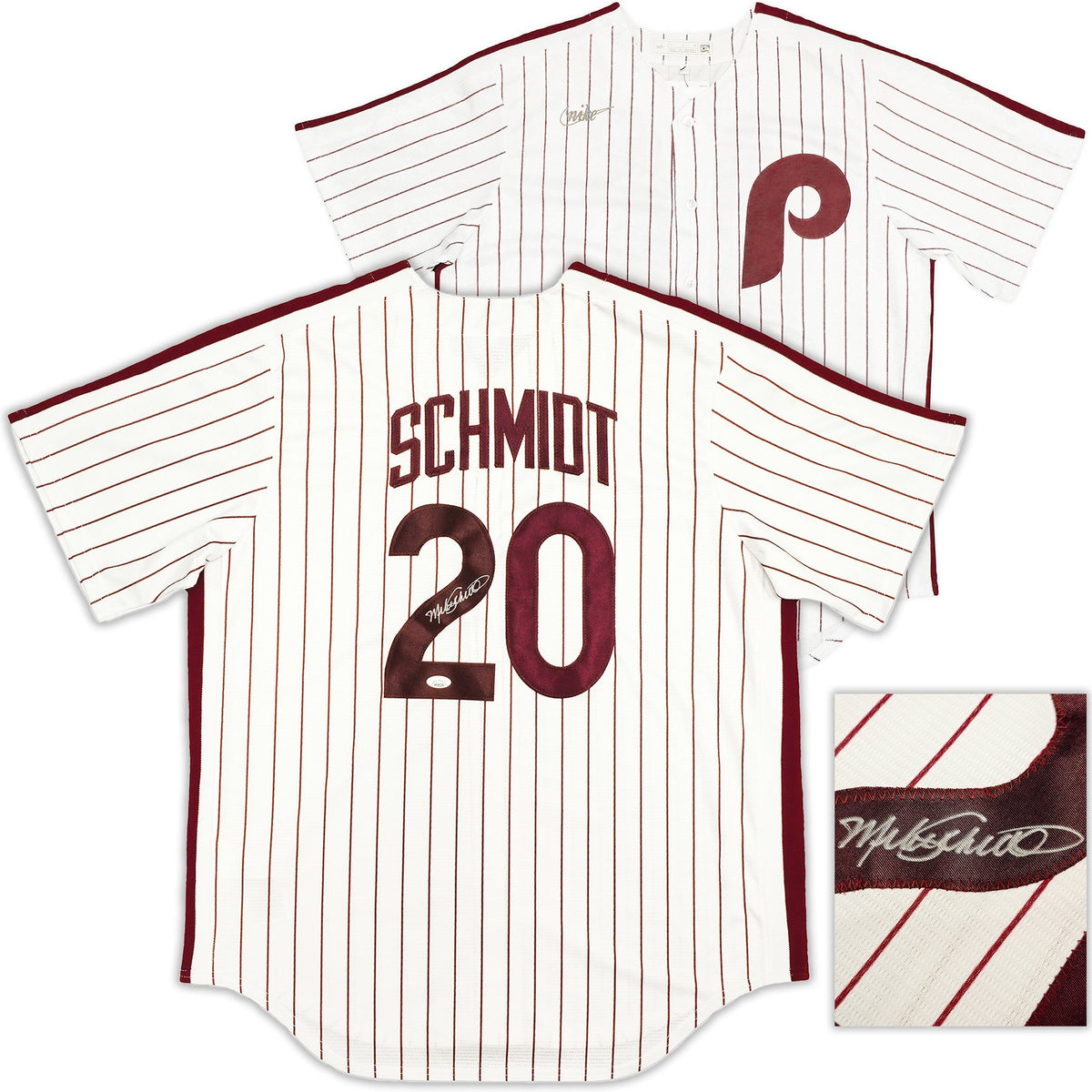 Philadelphia Phillies Mike Schmidt Autographed White Pinstripes Nike Cooperstown Collection Jersey Size Large Jsa