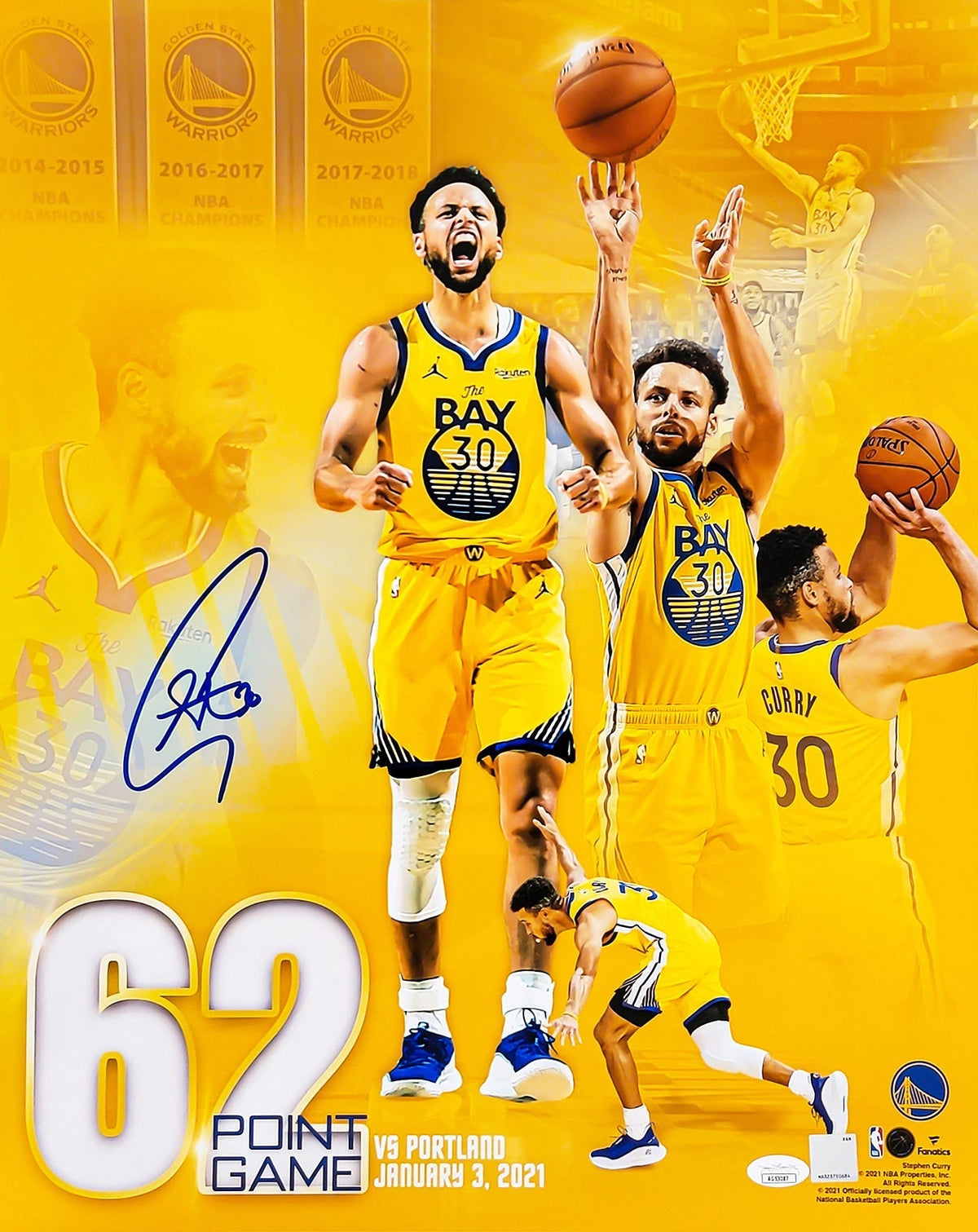 Stephen Curry Autographed 16X20 Photo Golden State Warriors 62 Point Game Jsa Stock #211752