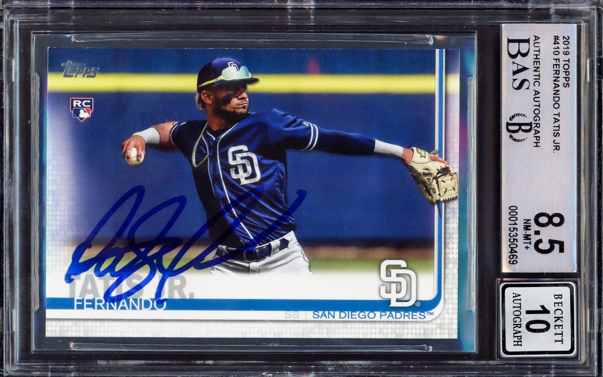 Fernando Tatis Jr. Autographed 2019 Topps Rookie Card #410 San Diego Padres BGS 8.5 Auto Grade Gem Mint 10 Beckett Bas Stock #212278