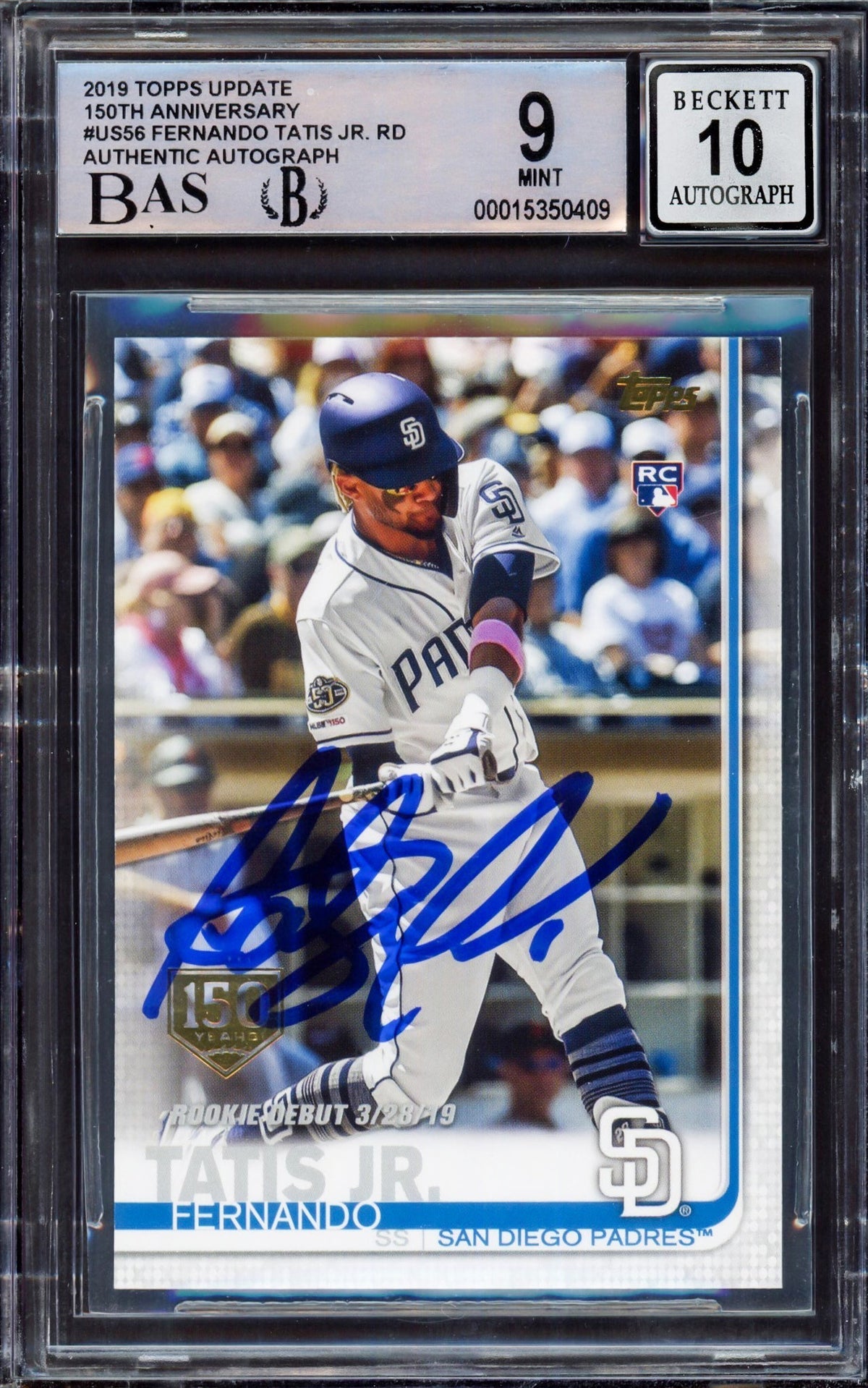 Fernando Tatis Jr. Autographed 2019 Topps Update 150Th Anniversary Rookie Card #Us56 San Diego Padres BGS 9 Auto Grade Gem Mint 10 Beckett Bas Stock #212286